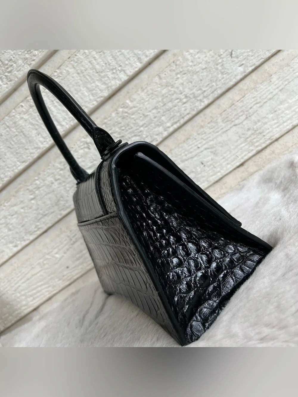 BALENCIAGA Black Croc Hourglass Mini Baguette Crossbody Flap Top Handle Handbag
